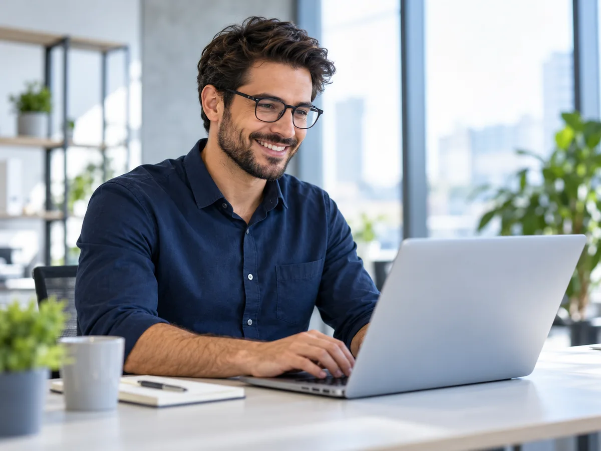 Illustrative commerce professional working at a laptop